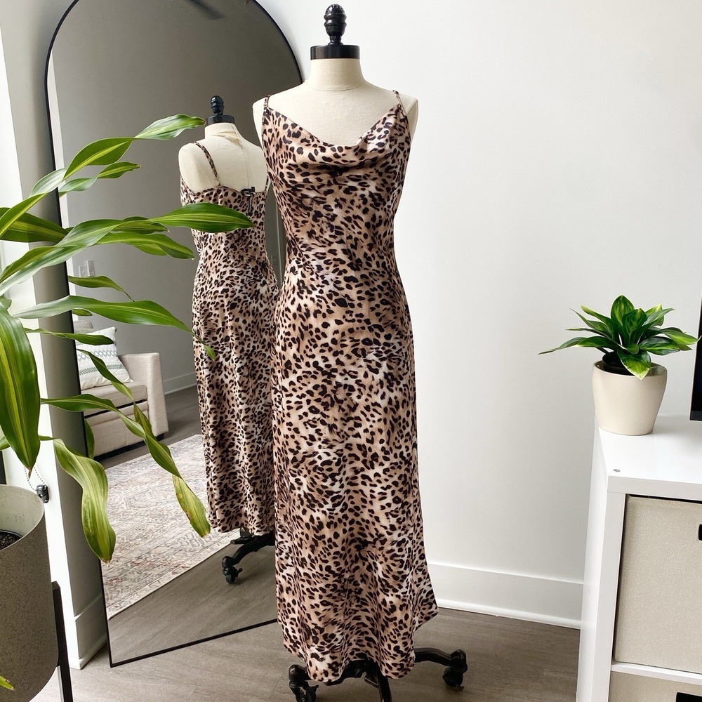 Guess Cowl Neck Leopard Print Silk Satin Slip Dress Size Medium Cherry Girl‎ Y2k